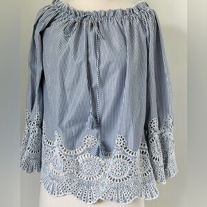 Tolani Blue White Striped Crochet Lace Trim Tassel Tie Top Size Medium
